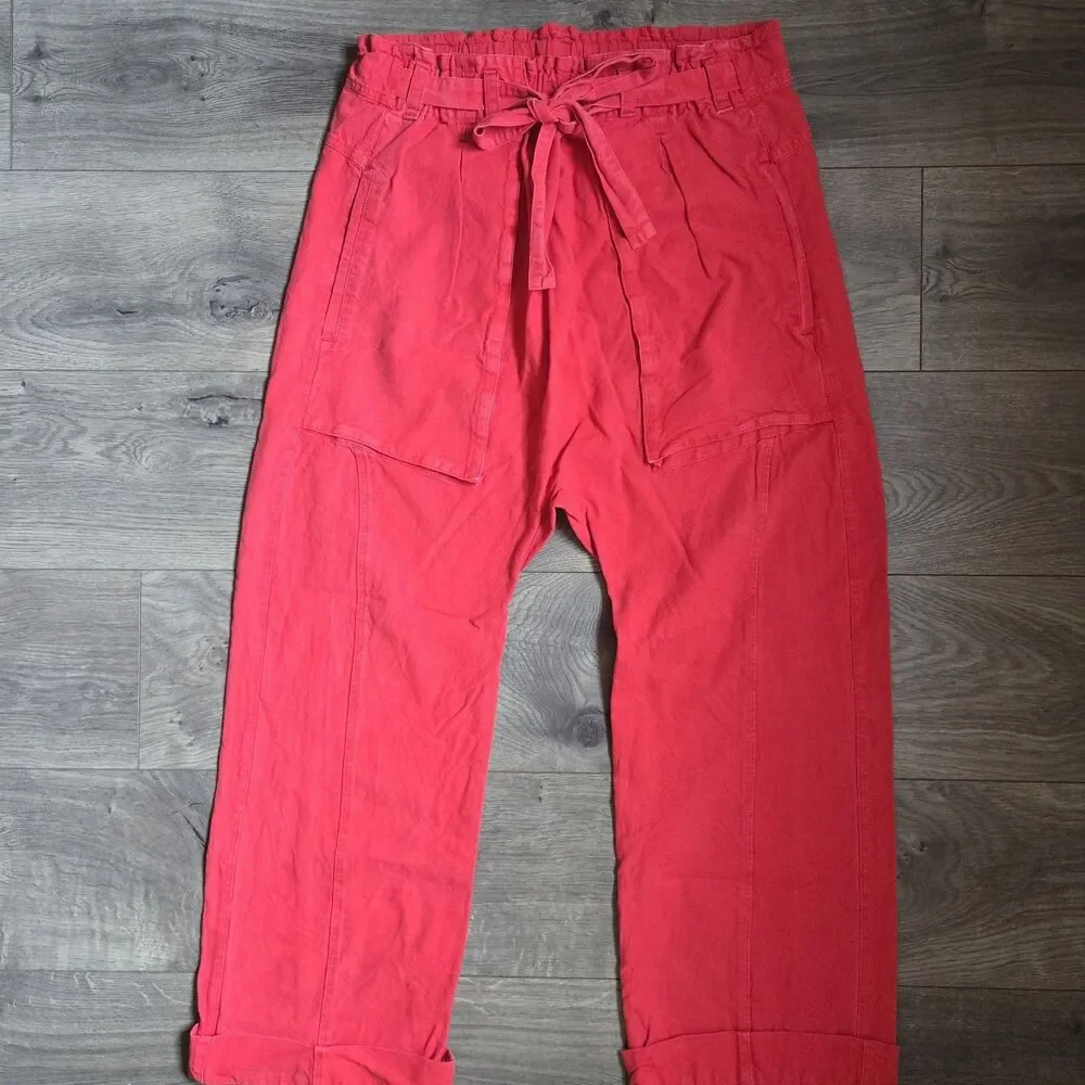 Free People Sky Rider Pant Medium Red Linen Cotton Paperbag Waist Wide Leg Boho